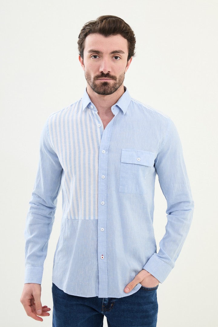 Blue Color Striped And Flap Pocket Design Casual Men's Cotton Shirt