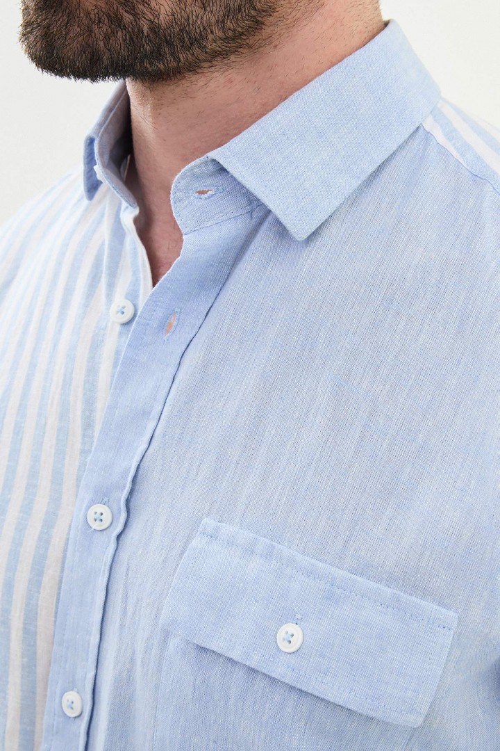Blue Color Striped And Flap Pocket Design Casual Men's Cotton Shirt