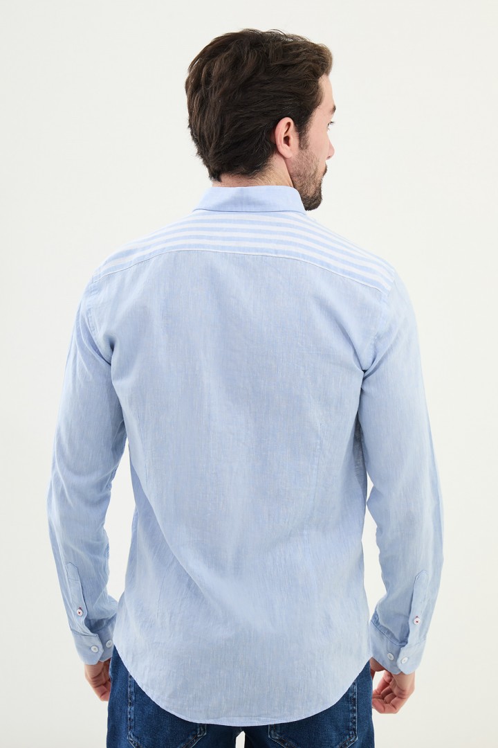 Blue Color Striped And Flap Pocket Design Casual Men's Cotton Shirt