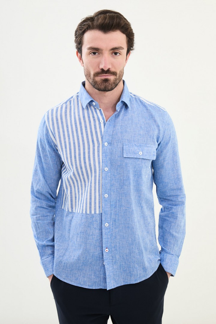 Sax Color Striped And Flap Pocket Design Casual Men's Cotton Shirt