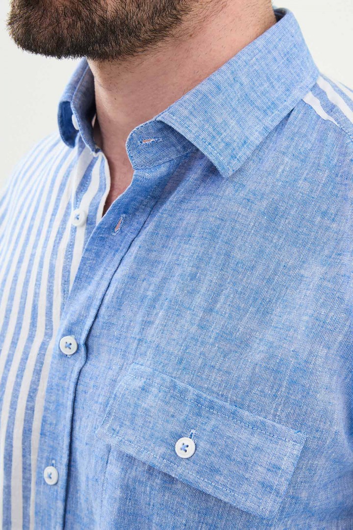 Sax Color Striped And Flap Pocket Design Casual Men's Cotton Shirt