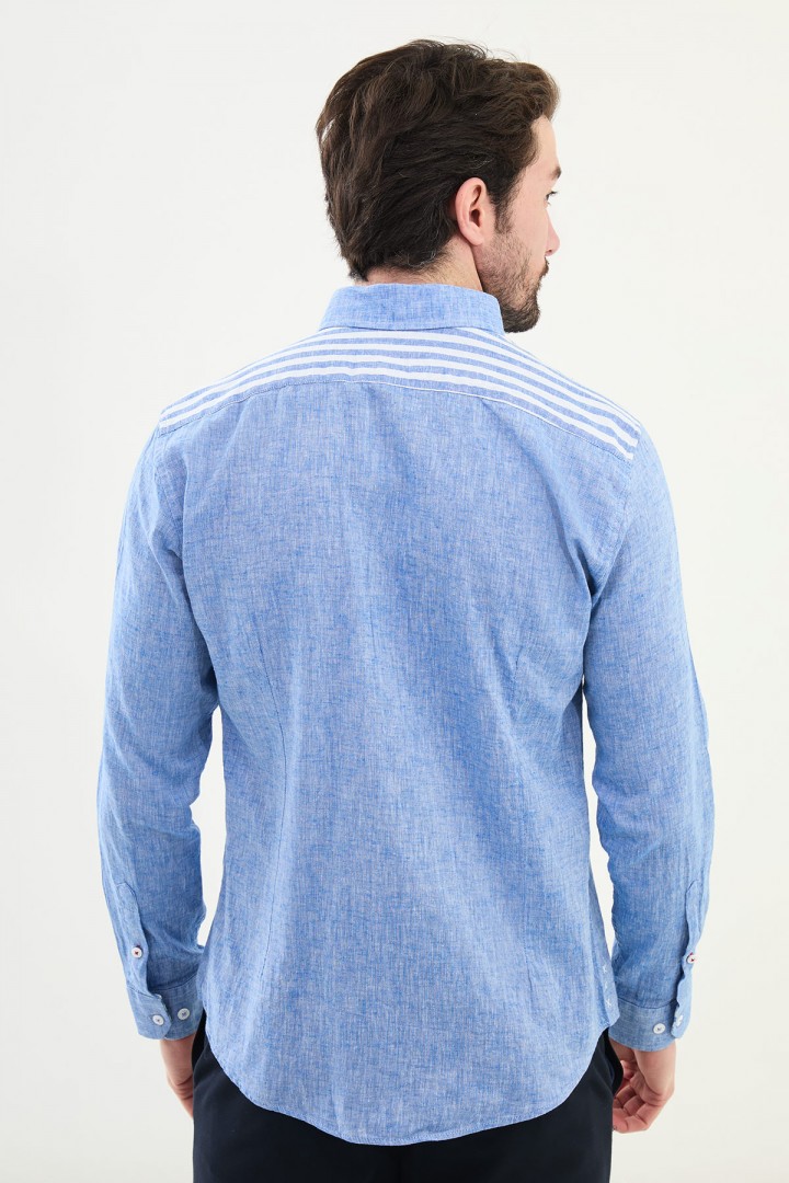 Sax Color Striped And Flap Pocket Design Casual Men's Cotton Shirt