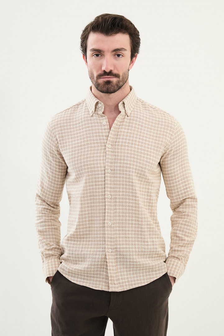 Camel Color Striped Design Casual Men's Cotton Shirt