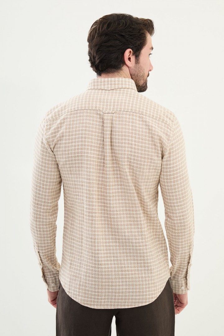 Camel Color Striped Design Casual Men's Cotton Shirt