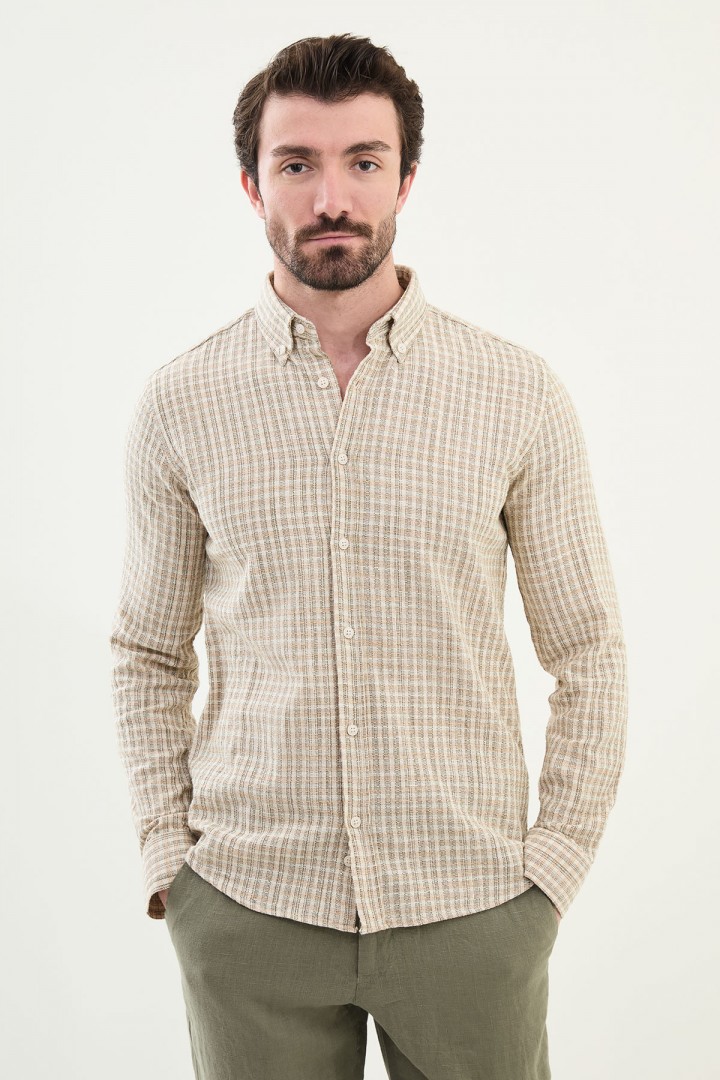 Khaki Color Striped Design Casual Men's Cotton Shirt