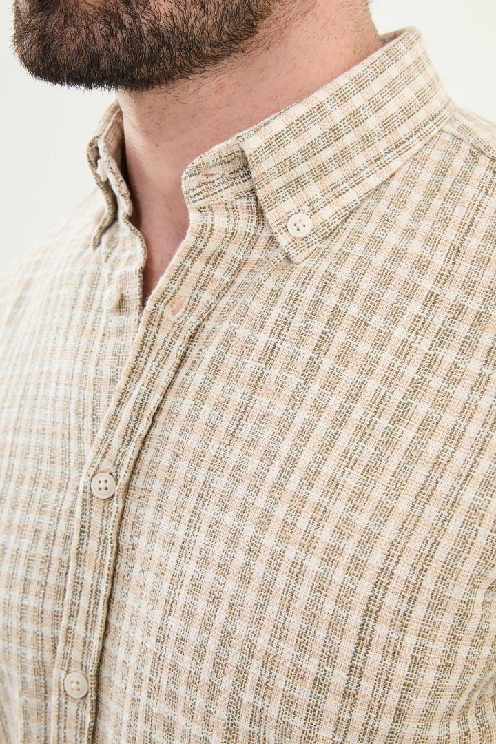 Khaki Color Striped Design Casual Men's Cotton Shirt