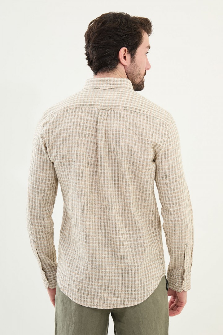 Khaki Color Striped Design Casual Men's Cotton Shirt