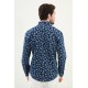 Dark Blue Color Flower Design Casual Men's Linen Shirt
