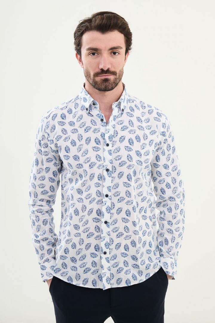 Sax Color Flower Design Casual Men's Linen Shirt