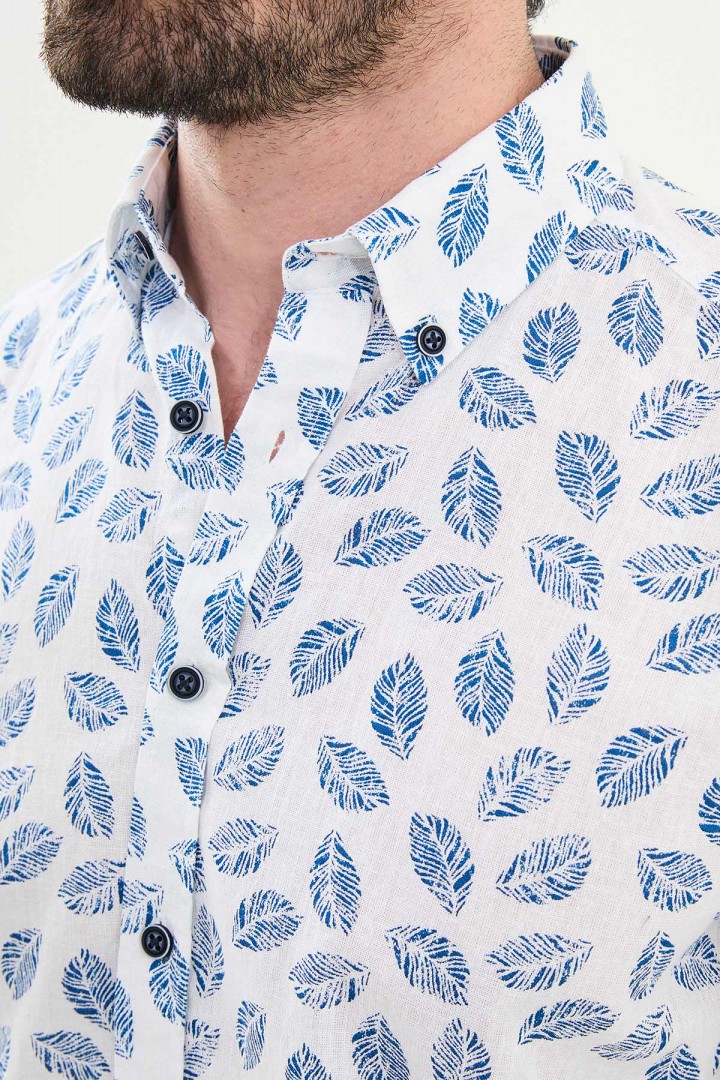 Sax Color Flower Design Casual Men's Linen Shirt
