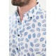 Sax Color Flower Design Casual Men's Linen Shirt