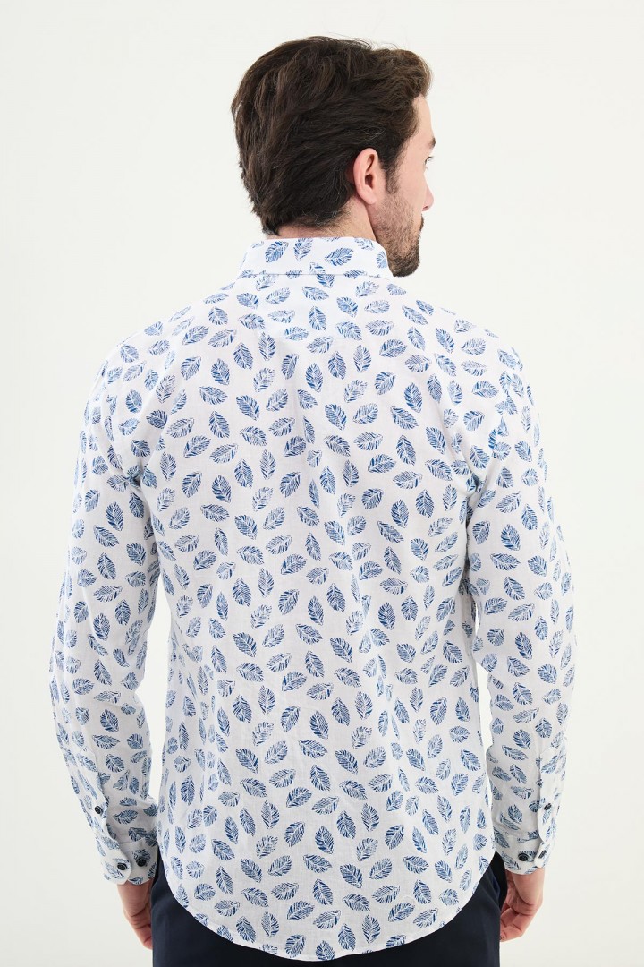 Sax Color Flower Design Casual Men's Linen Shirt