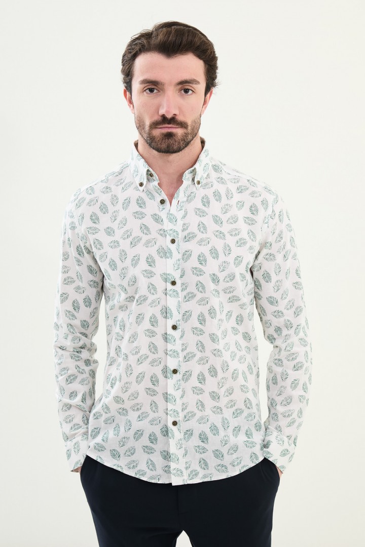 Green Blue Color Flower Design Casual Men's Linen Shirt