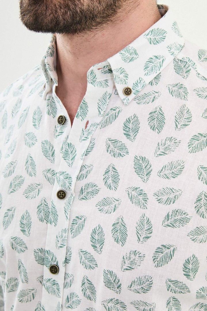 Green Blue Color Flower Design Casual Men's Linen Shirt