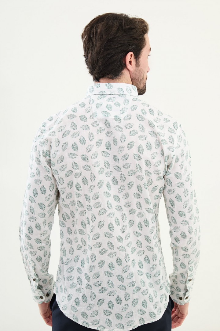 Green Blue Color Flower Design Casual Men's Linen Shirt