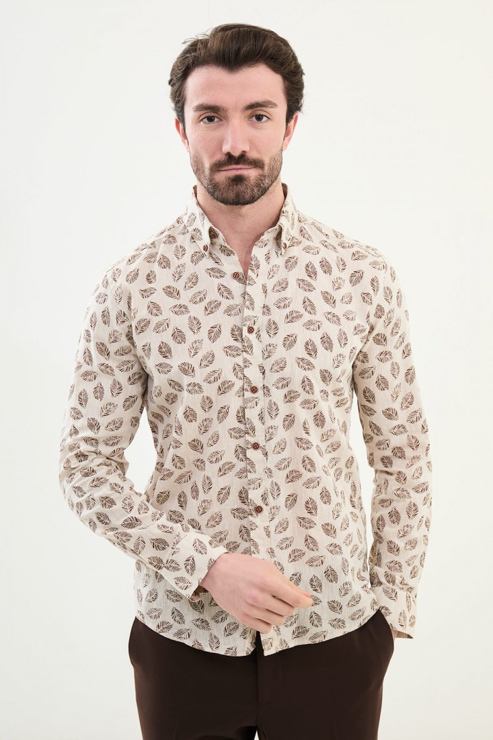 Beige Color Flower Design Casual Men's Linen Shirt