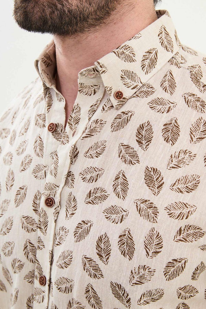 Beige Color Flower Design Casual Men's Linen Shirt