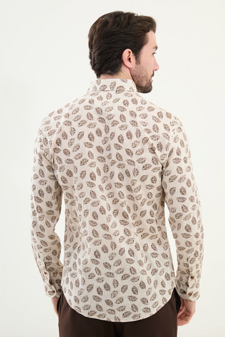 Beige Color Flower Design Casual Men's Linen Shirt