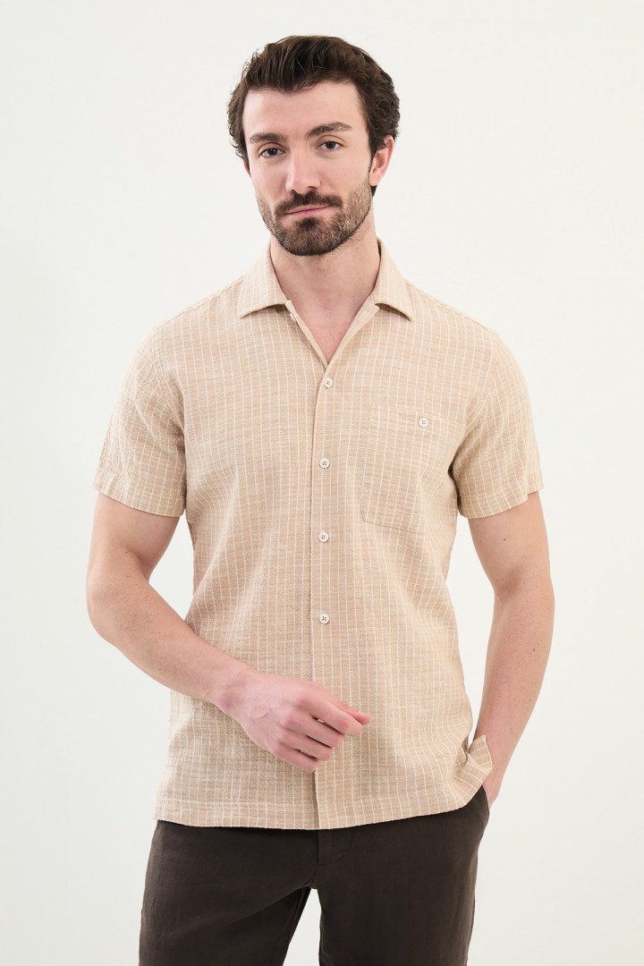 Beige Color Casual Men's Short Sleeve Shirt