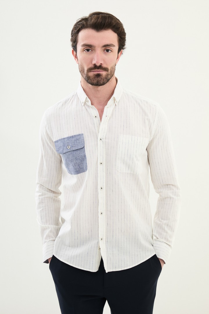 Ecru And Dark Blue Color Striped And Flap Pocket Design Casual Men's Linen Shirt
