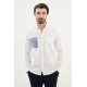 Ecru And Dark Blue Color Striped And Flap Pocket Design Casual Men's Linen Shirt