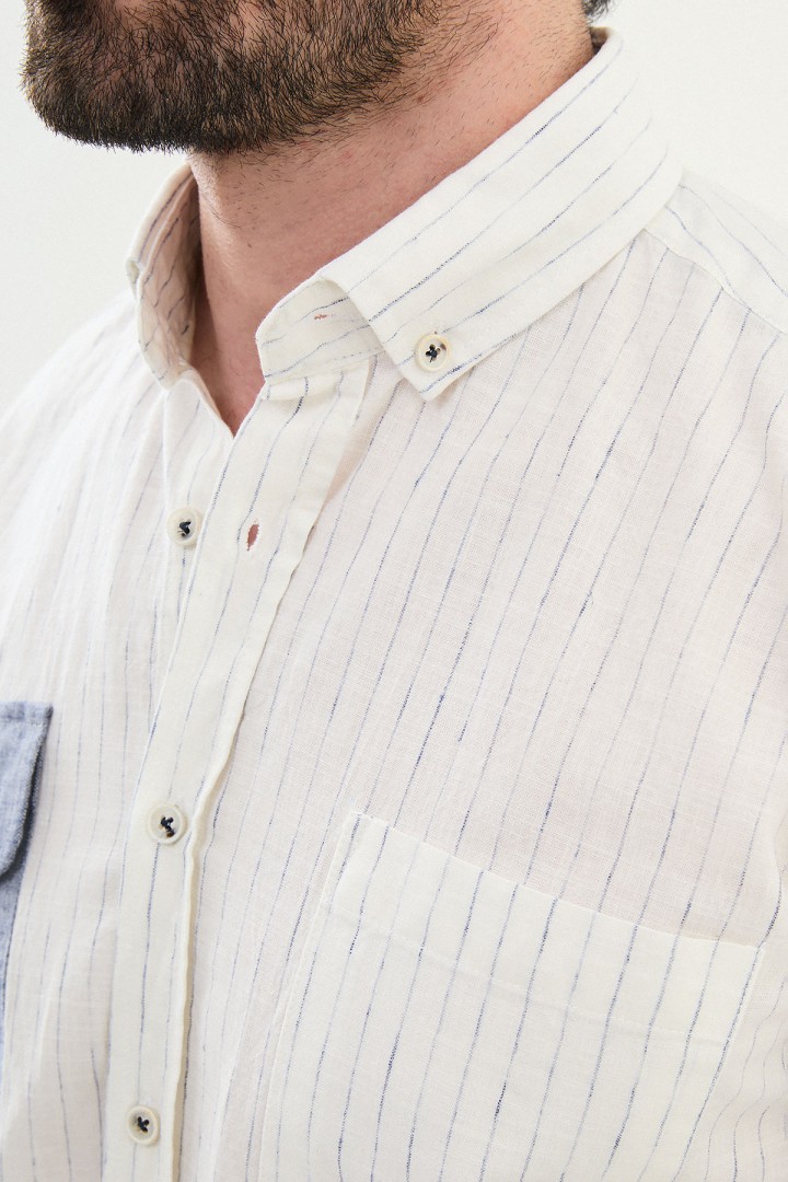 Ecru And Dark Blue Color Striped And Flap Pocket Design Casual Men's Linen Shirt