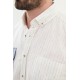 Ecru And Dark Blue Color Striped And Flap Pocket Design Casual Men's Linen Shirt