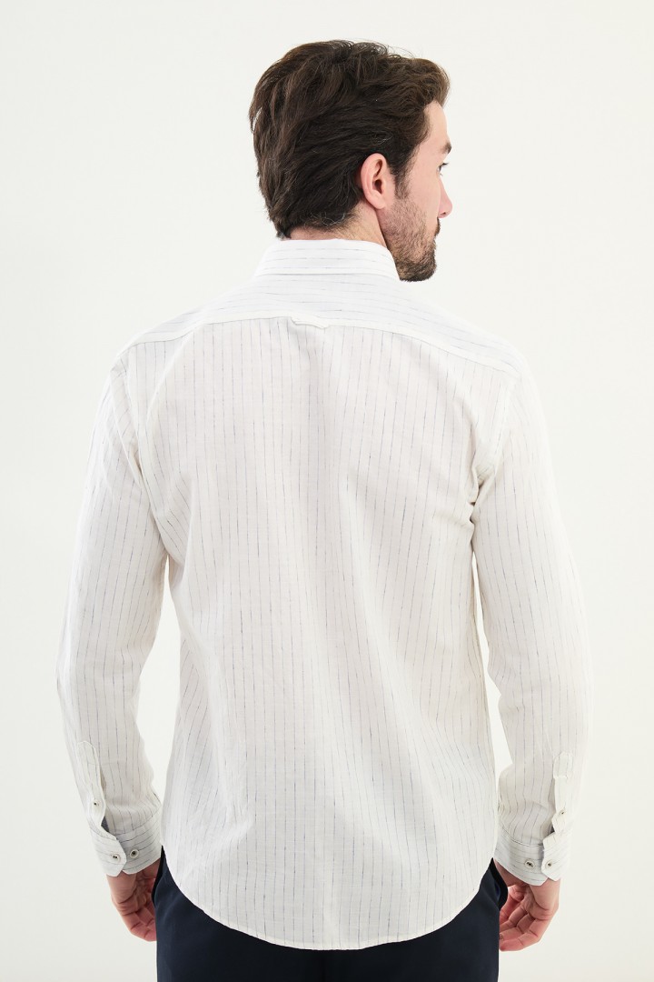 Ecru And Dark Blue Color Striped And Flap Pocket Design Casual Men's Linen Shirt