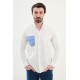 Ecru And Blue Color Striped And Flap Pocket Design Casual Men's Linen Shirt