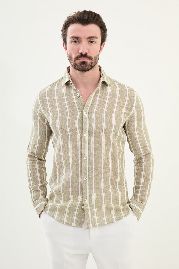 Khaki Color Striped Color Casual Men's Cotton Shirt