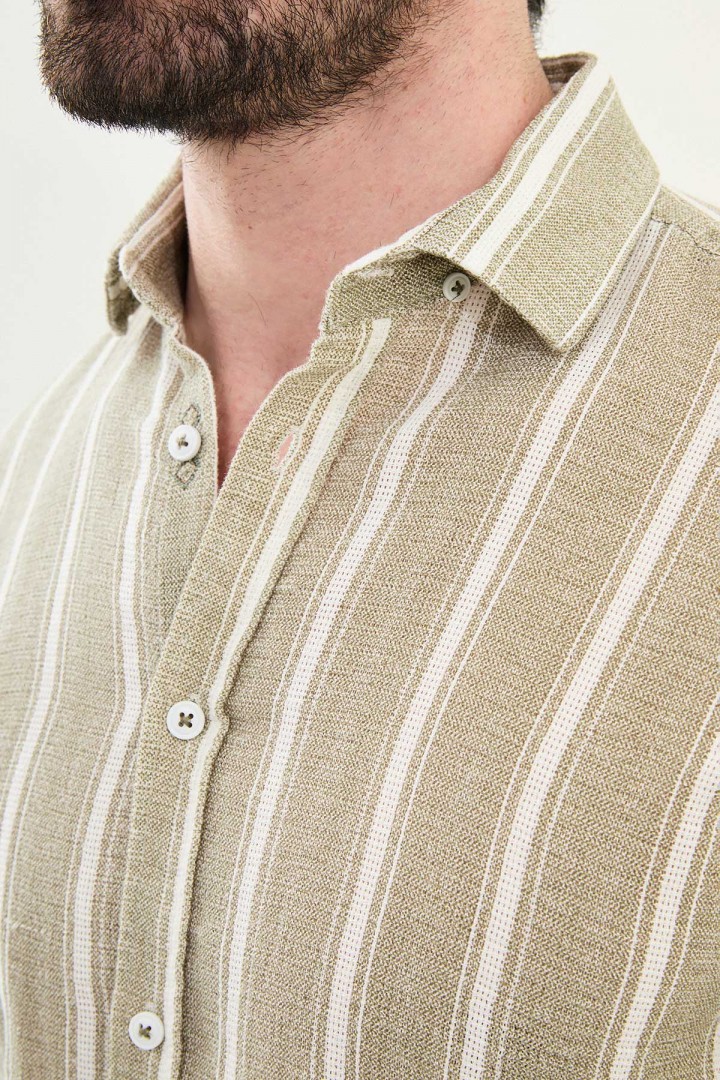 Khaki Color Striped Color Casual Men's Cotton Shirt
