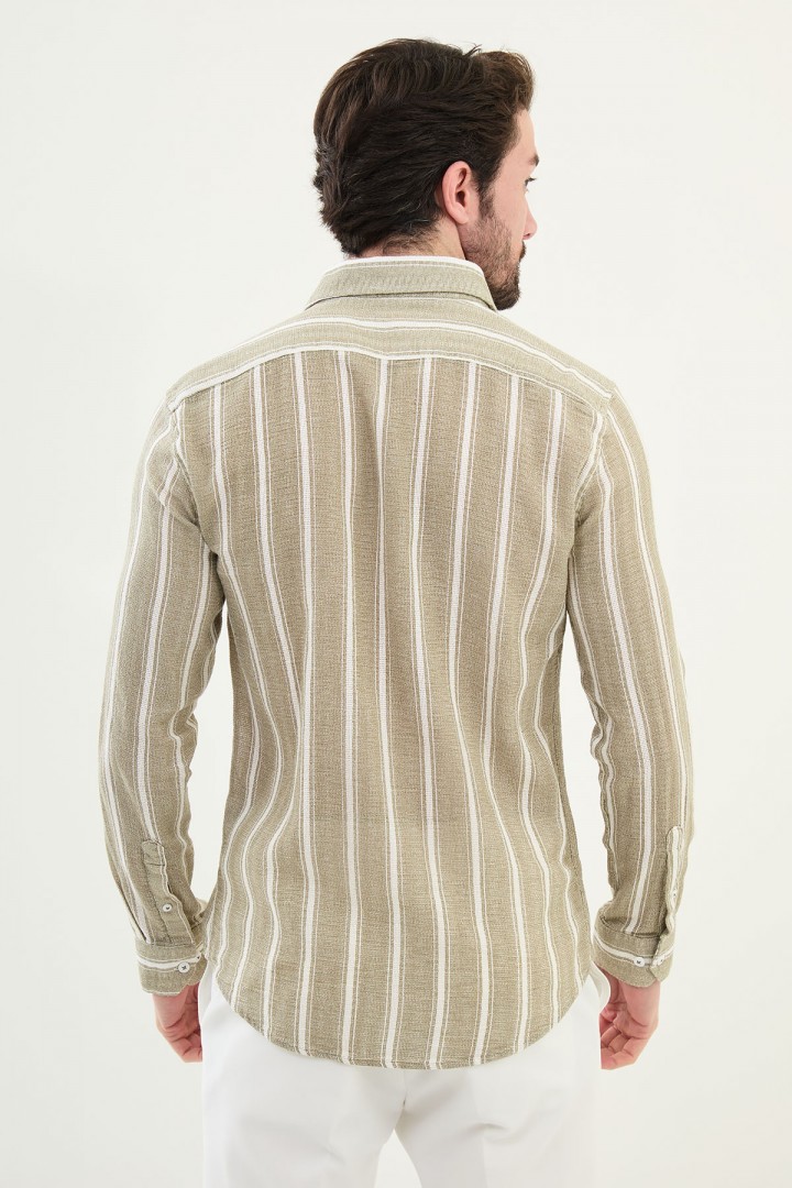 Khaki Color Striped Color Casual Men's Cotton Shirt
