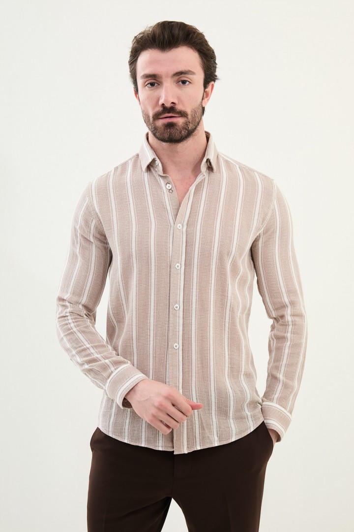 Beige Color Striped Color Casual Men's Cotton Shirt