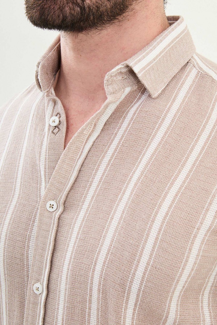 Beige Color Striped Color Casual Men's Cotton Shirt
