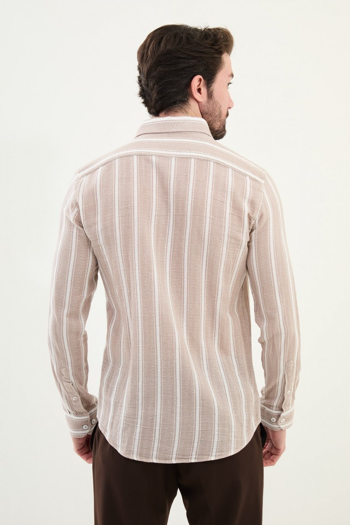 Beige Color Striped Color Casual Men's Cotton Shirt