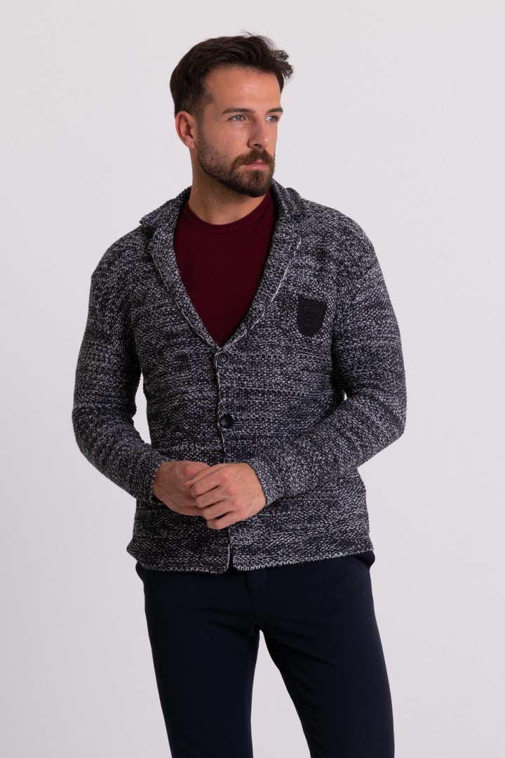 Anthracite Lainemerino And Acrylic Fabrics Patterned With Hanging Pocket Casual Mens Knitwear