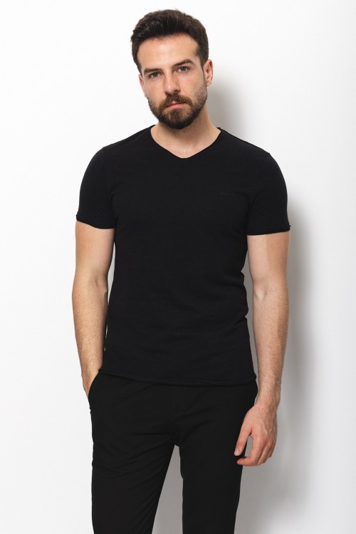 Black Color Cotton And Lycra Fabric With V Neck Detail Basic Men's T Shirt