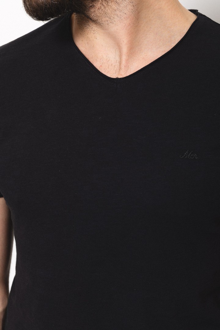 Black Color Cotton And Lycra Fabric With V Neck Detail Basic Men's T Shirt