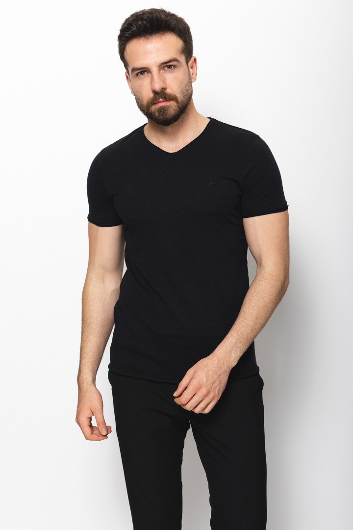 Black Color Cotton And Lycra Fabric With V Neck Detail Basic Men's T Shirt