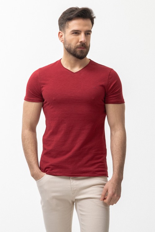 Claret Red Color Cotton And Lycra Fabric With V Neck Detail Basic Men's T Shirt