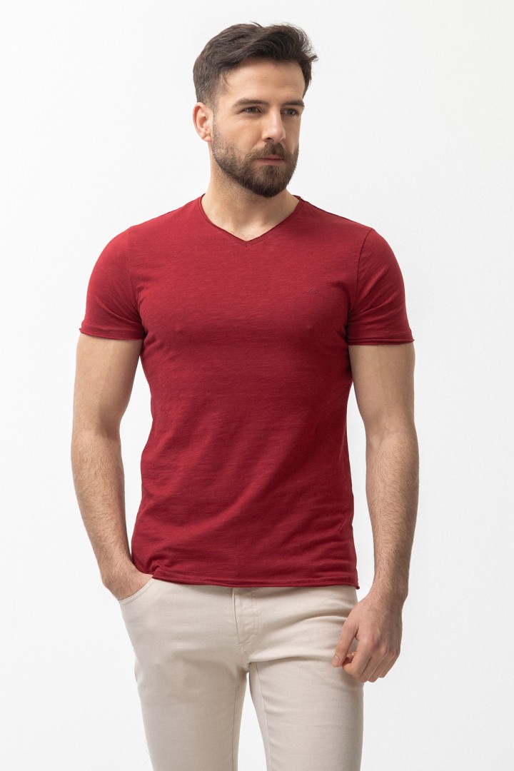 Claret Red Color Cotton And Lycra Fabric With V Neck Detail Basic Men's T Shirt