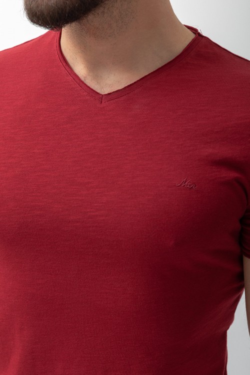 Claret Red Color Cotton And Lycra Fabric With V Neck Detail Basic Men's T Shirt