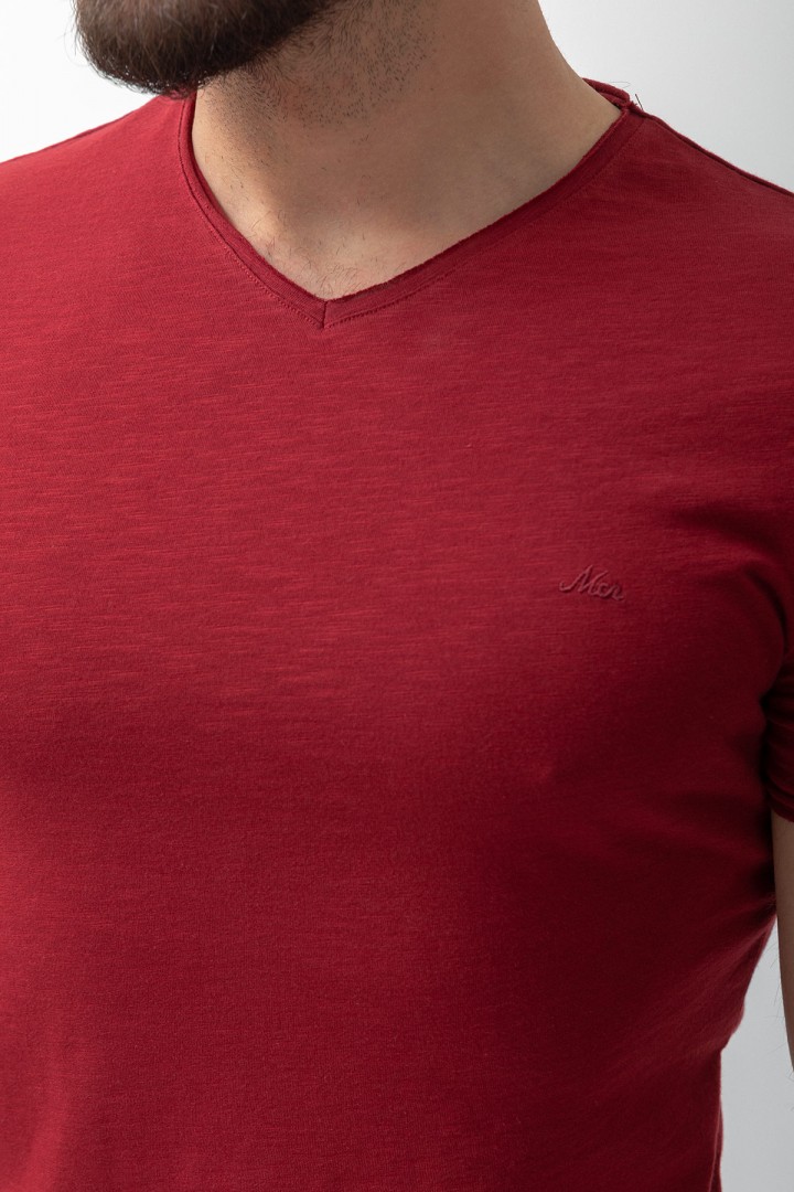 Claret Red Color Cotton And Lycra Fabric With V Neck Detail Basic Men's T Shirt