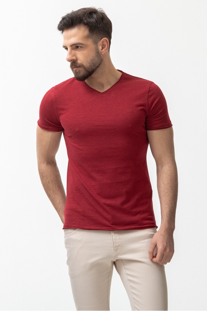 Claret Red Color Cotton And Lycra Fabric With V Neck Detail Basic Men's T Shirt