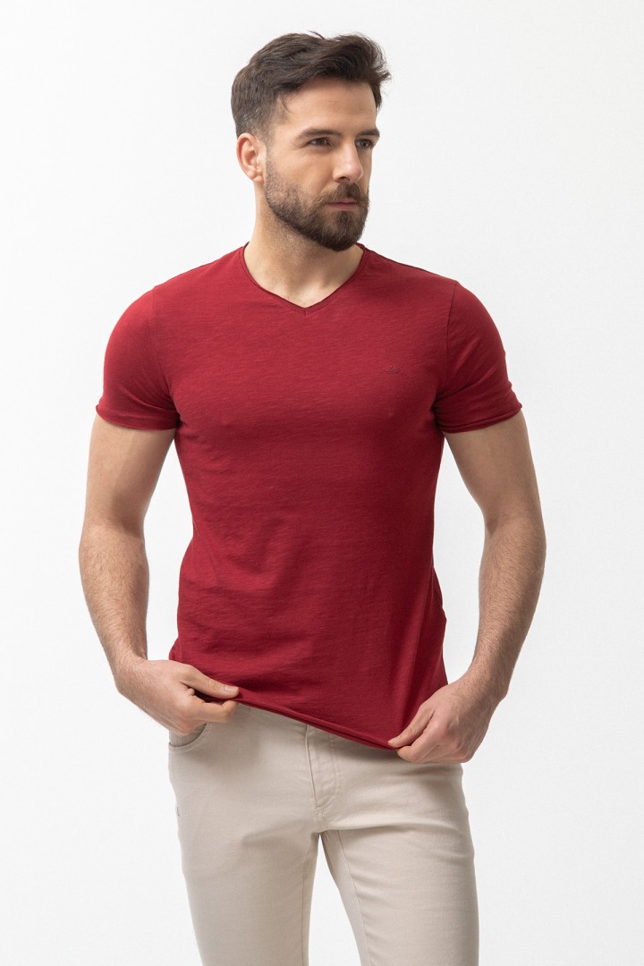 Claret Red Color Cotton And Lycra Fabric With V Neck Detail Basic Men's T Shirt