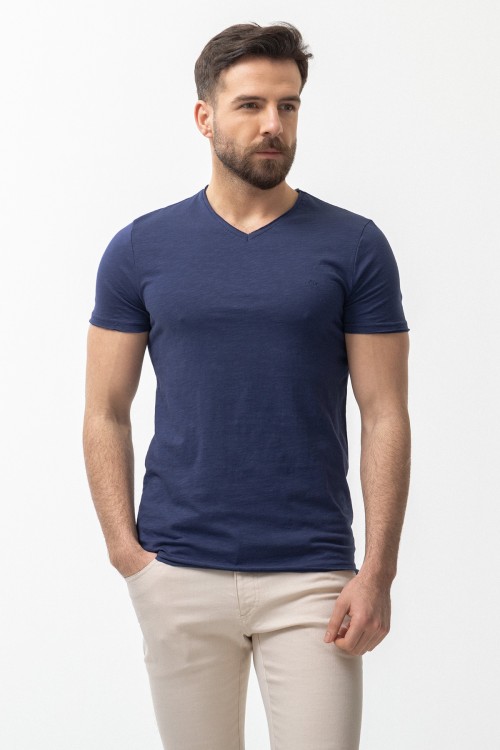 Dark Blue Color Cotton And Lycra Fabric With V Neck Detail Basic Men's T Shirt