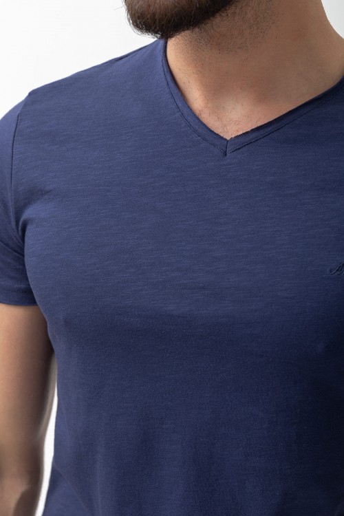 Dark Blue Color Cotton And Lycra Fabric With V Neck Detail Basic Men's T Shirt