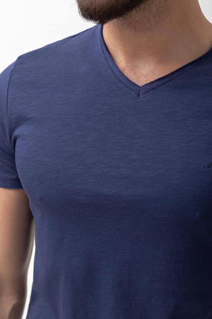 Dark Blue Color Cotton And Lycra Fabric With V Neck Detail Basic Men's T Shirt