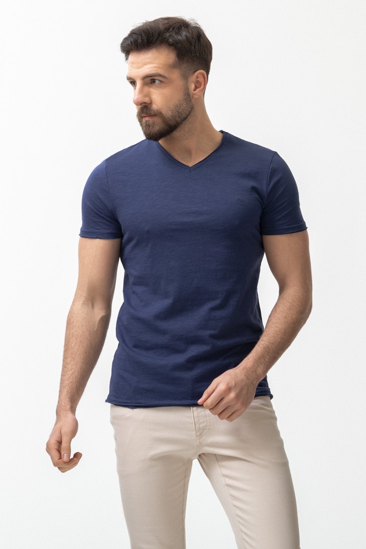 Dark Blue Color Cotton And Lycra Fabric With V Neck Detail Basic Men's T Shirt