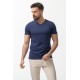 Dark Blue Color Cotton And Lycra Fabric With V Neck Detail Basic Men's T Shirt